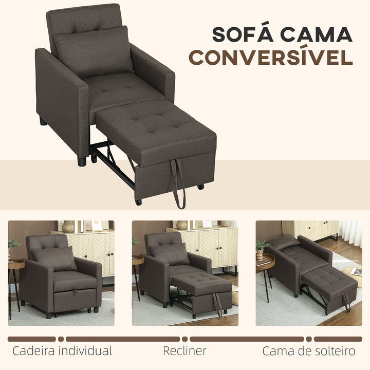 Sofá Cama Individual Poltrona com 4 Rodas Encosto Reclinável Almofada Extra e Assento Acolchoado Carga 100 kg para Escritório Dormitório Sala de Estar 69x82,5x84 cm Cinzento