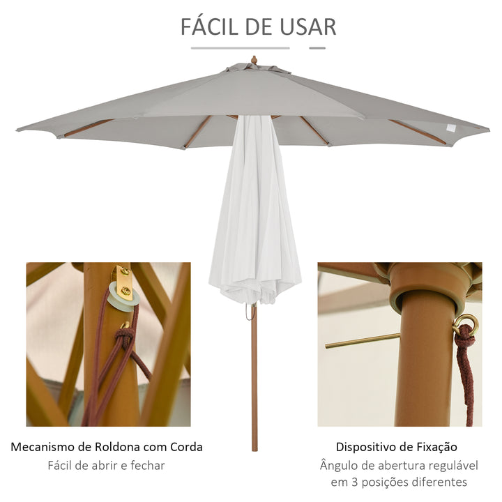 Chapéu de Sol de Jardim Ø300x250cm com Sistema de Polia Teto Ventilado e Mastro Desmontável de Madeira para Terraço Pátio Exterior Cinza Claro