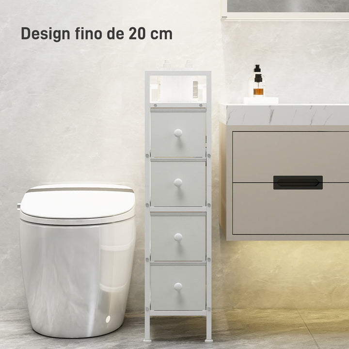 Móvel de Arrumação Estreito com 4 Gavetas de Tecido Cómoda para Quarto Estreita com Estrutura de Aço para Espaços Pequenos Sala de Estar Closet Casa de Banho 20x43x81,5 cm Branco