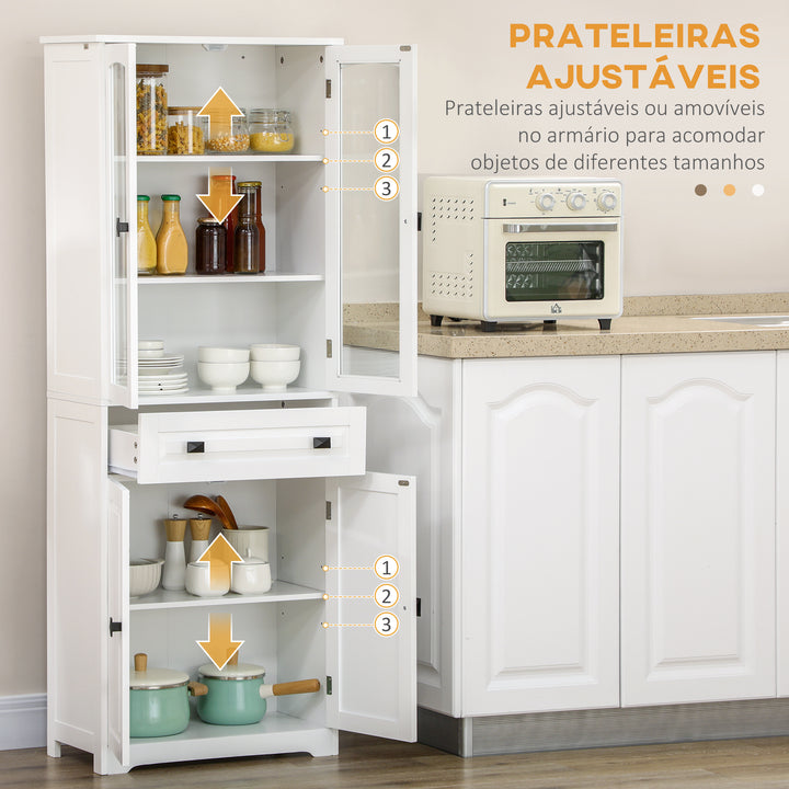 Armário de Cozinha Móvel Auxiliar de Cozinha com 4 Portas 1 Gaveta e 2 Prateleiras Ajustáveis para Sala de Jantar 60x30x160 cm Branco