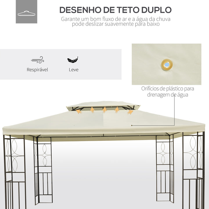 Pérgola de Jardim 4x3 m Toldo de Jardim com Telhado Duplo Estrutura de Aço, 8 Orifícios de Drenagem UPF30+ Tenda para Exterior Terraço Pátio Festas Branco Creme