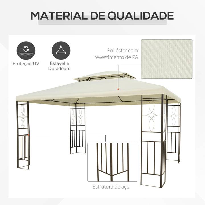 Pérgola de Jardim 4x3 m Toldo de Jardim com Telhado Duplo Estrutura de Aço, 8 Orifícios de Drenagem UPF30+ Tenda para Exterior Terraço Pátio Festas Branco Creme