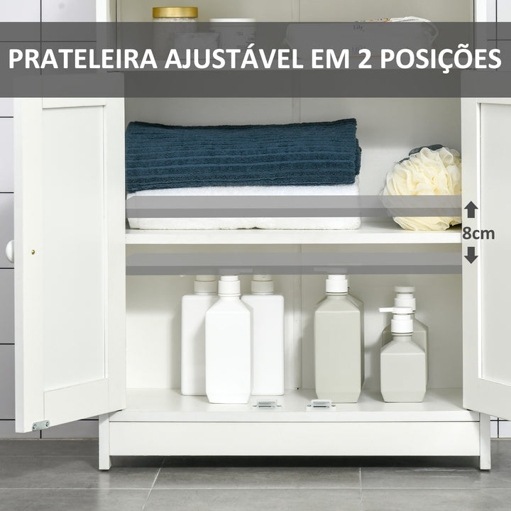 Armário para Casa de Banho com 2 Portas Prateleira Interior Ajustável e Compartimento Aberto Móvel Auxiliar de Armazenamento para Sala de Estar Cozinha 60x30x80cm Branco