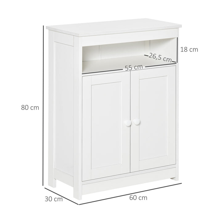 Armário para Casa de Banho com 2 Portas Prateleira Interior Ajustável e Compartimento Aberto Móvel Auxiliar de Armazenamento para Sala de Estar Cozinha 60x30x80cm Branco
