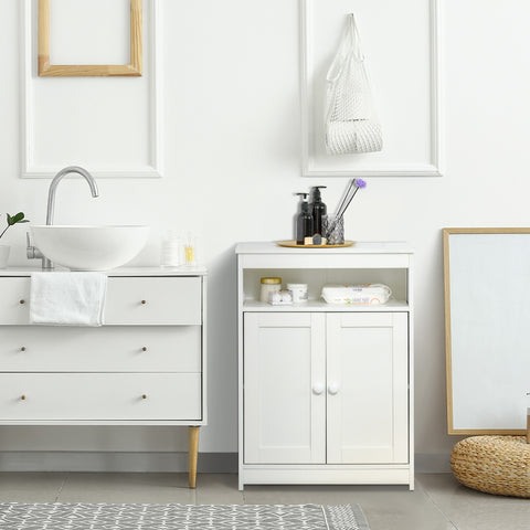 Armário para Casa de Banho com 2 Portas Prateleira Interior Ajustável e Compartimento Aberto Móvel Auxiliar de Armazenamento para Sala de Estar Cozinha 60x30x80cm Branco