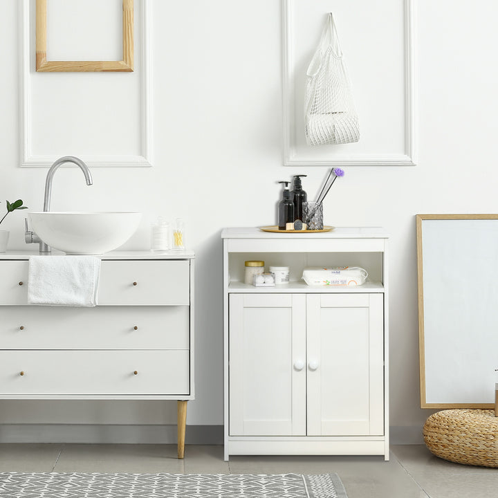 Armário para Casa de Banho com 2 Portas Prateleira Interior Ajustável e Compartimento Aberto Móvel Auxiliar de Armazenamento para Sala de Estar Cozinha 60x30x80cm Branco