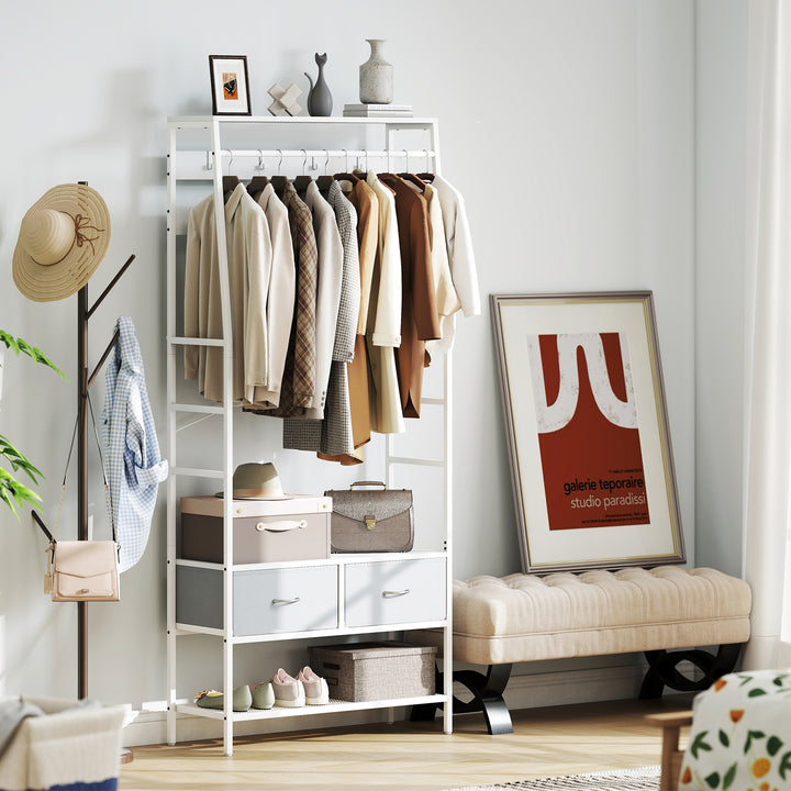 Móvel Cabide de Entrada com Banco Sapateira 8 Ganchos 2 Gavetas de Tecido Barra Prateleira de Rede Estilo Industrial para Corredor Quarto Sala de Estar 80x30x180,5 cm Branco e Cinza