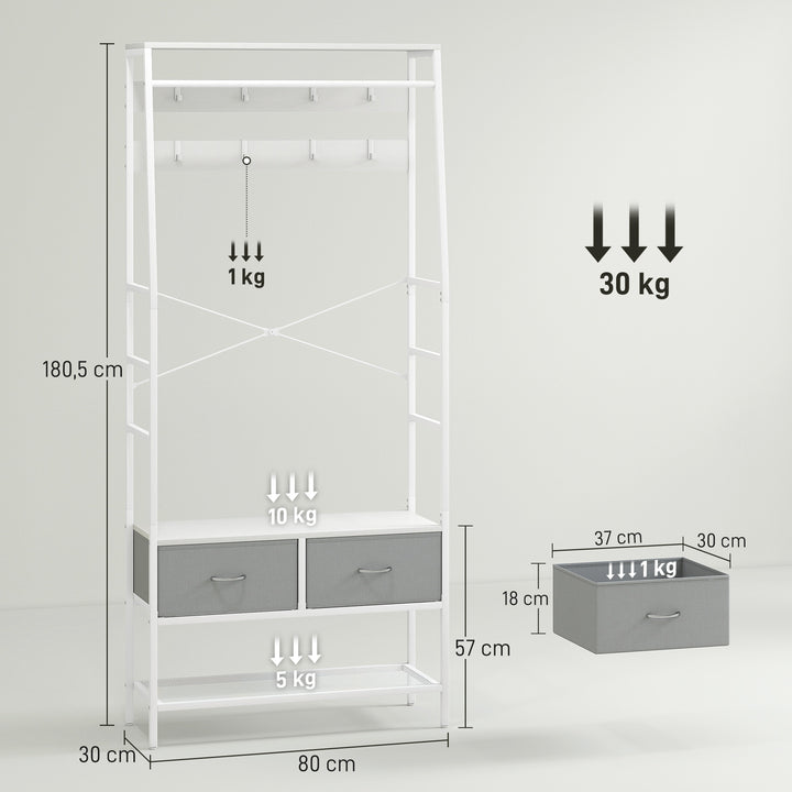 Móvel Cabide de Entrada com Banco Sapateira 8 Ganchos 2 Gavetas de Tecido Barra Prateleira de Rede Estilo Industrial para Corredor Quarto Sala de Estar 80x30x180,5 cm Branco e Cinza