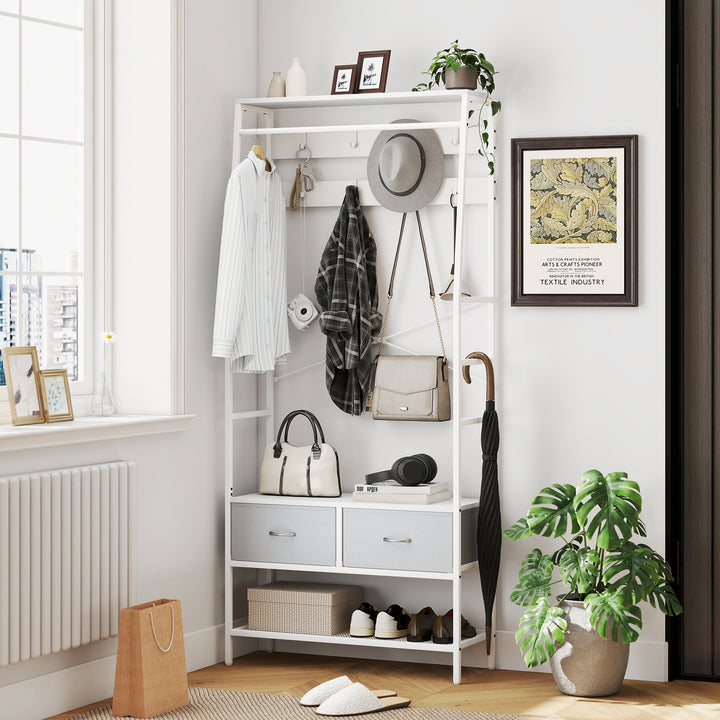 Móvel Cabide de Entrada com Banco Sapateira 8 Ganchos 2 Gavetas de Tecido Barra Prateleira de Rede Estilo Industrial para Corredor Quarto Sala de Estar 80x30x180,5 cm Branco e Cinza