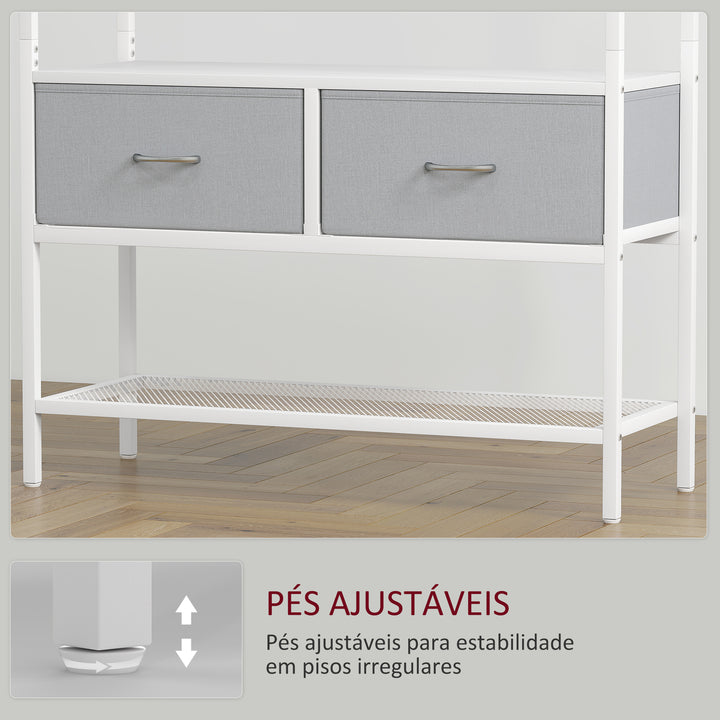 Móvel Cabide de Entrada com Banco Sapateira 8 Ganchos 2 Gavetas de Tecido Barra Prateleira de Rede Estilo Industrial para Corredor Quarto Sala de Estar 80x30x180,5 cm Branco e Cinza