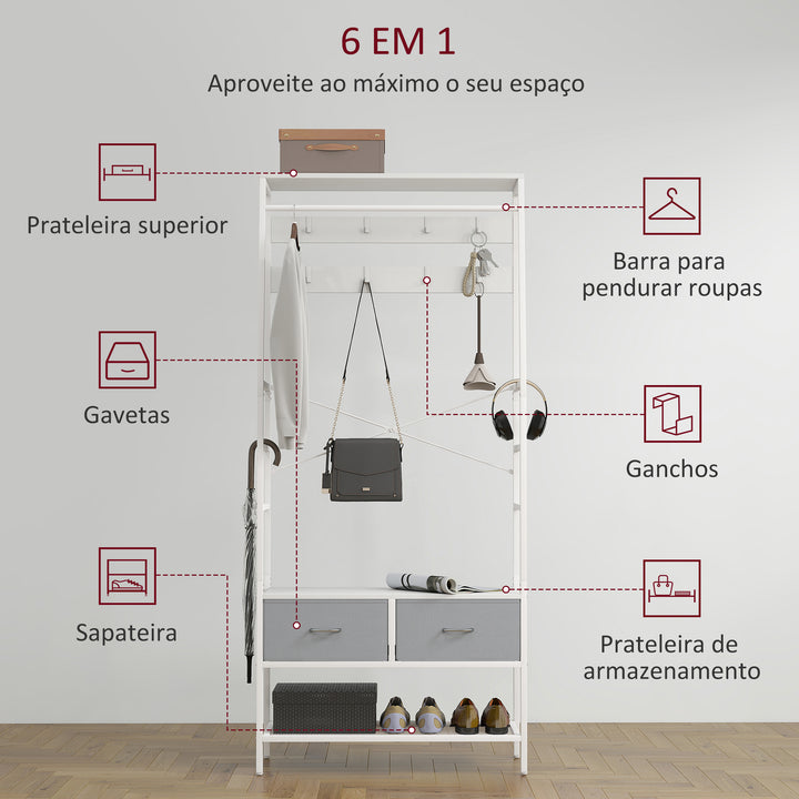 Móvel Cabide de Entrada com Banco Sapateira 8 Ganchos 2 Gavetas de Tecido Barra Prateleira de Rede Estilo Industrial para Corredor Quarto Sala de Estar 80x30x180,5 cm Branco e Cinza