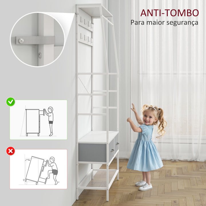 Móvel Cabide de Entrada com Banco Sapateira 8 Ganchos 2 Gavetas de Tecido Barra Prateleira de Rede Estilo Industrial para Corredor Quarto Sala de Estar 80x30x180,5 cm Branco e Cinza