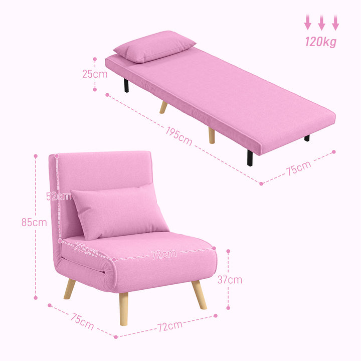 Sofá Cama Individual Sofá Cama Estofado em Linho com Encosto Ajustável em 5 Posições e Almofada Sofá Cama Pequeno para Sala de Estar 72x75x85 cm Rosa