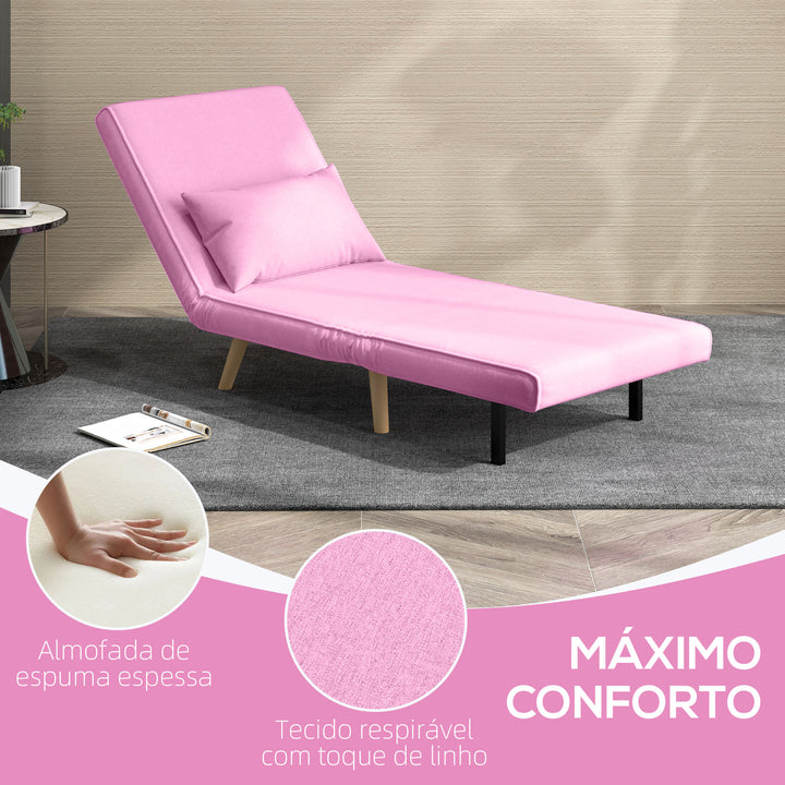 Sofá Cama Individual Sofá Cama Estofado em Linho com Encosto Ajustável em 5 Posições e Almofada Sofá Cama Pequeno para Sala de Estar 72x75x85 cm Rosa