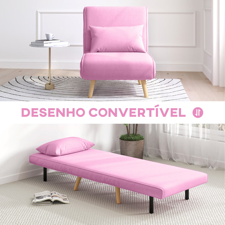 Sofá Cama Individual Sofá Cama Estofado em Linho com Encosto Ajustável em 5 Posições e Almofada Sofá Cama Pequeno para Sala de Estar 72x75x85 cm Rosa