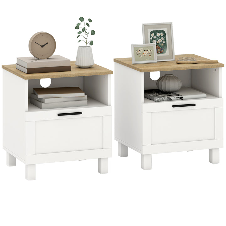 Conjunto de 2 Mesas de Cabeceira Modernas Mesas de Cabeceira com Gaveta Compartimento Aberto Pés de Madeira Mesa Auxiliar para Sala Dormitório 45x38x50 cm Branco