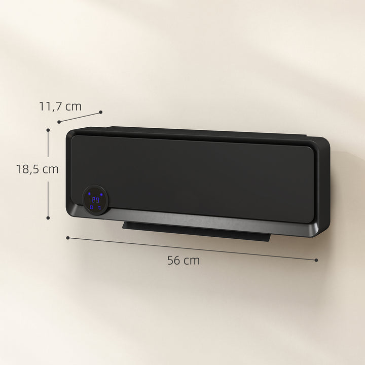 Aquecedor Cerâmico de Parede 1000W/2000W com Controle Remoto Tela LED Temporizador de 12h Termostato e Proteção contra Superaquecimento 56x18,5x11,7 cm Preto