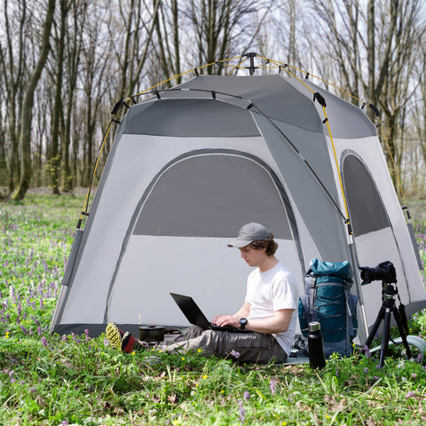 Tenda de Campismo para 4 Pessoas Tenda de Campismo Pop UP com 4 Janelas 2 Bolsos de Armazenamento e Bolsa de Transporte 240x240x199 cm Cinza