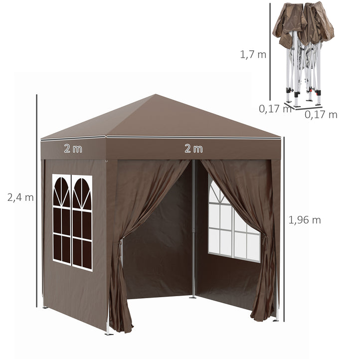Tenda Dobrável 2x2 m Tenda de Jardim com 4 Paredes Laterais Tecido Oxford 2 Portas 2 Janelas e Bolsa de Transporte para Exterior Terraço Campismo Festas Marrom