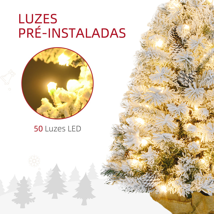 Árvore de Natal 90 cm Árvore de Natal Artificial Nevado com 50 Luzes LED 133 Ramos 14 Pinhas e Suporte de Metal Árvore Natalícia para Sala Interior Verde