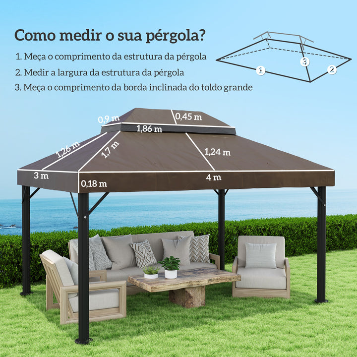 Toldo de Substituição para Pérgola 4x3 m Toldo para Pérgola com Teto Duplo Mosqueteira Proteção UV 30+ Toldo de Substituição para Pérgula Café