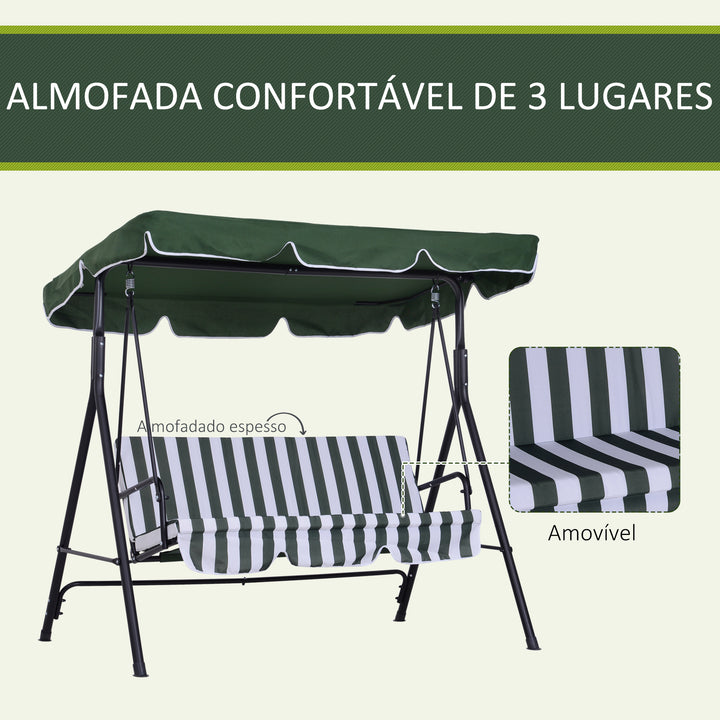 Baloiço de Jardim de 3 Lugares com Almofada Toldo Ajustável e Estrutura de Aço para Balcão Terraço Patio Carga Máx. 200 kg 172x110x153 cm Verde