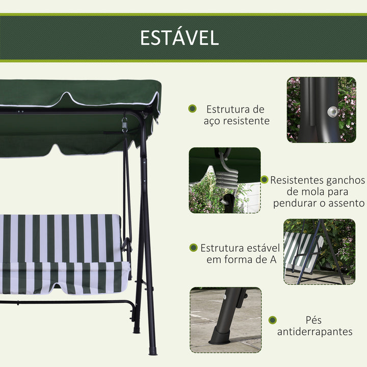 Baloiço de Jardim de 3 Lugares com Almofada Toldo Ajustável e Estrutura de Aço para Balcão Terraço Patio Carga Máx. 200 kg 172x110x153 cm Verde