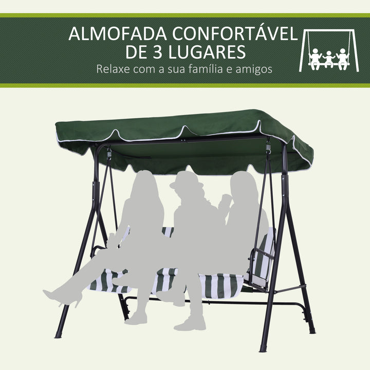 Baloiço de Jardim de 3 Lugares com Almofada Toldo Ajustável e Estrutura de Aço para Balcão Terraço Patio Carga Máx. 200 kg 172x110x153 cm Verde