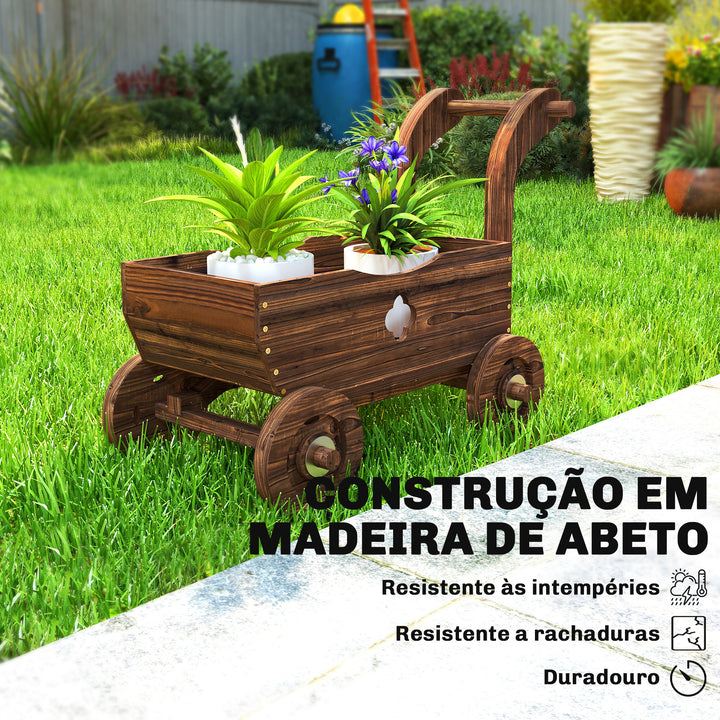 Carrinho de Madeira Decorativo Vaso Elevado com 4 Rodas Pega Orifícios de Drenagem Vaso Exterior para Plantas e Flores 68x38x52 cm Carbonizado