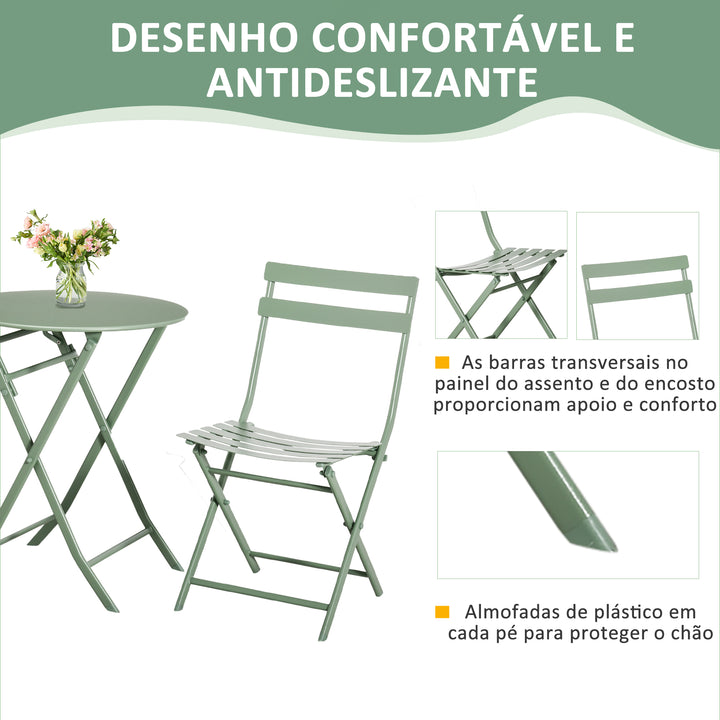Conjunto de Móveis de Jardim Dobráveis Conjunto de 1 Mesa Redonda e 2 Cadeiras de Varanda com Estrutura de Aço para Pátio Verde Escuro