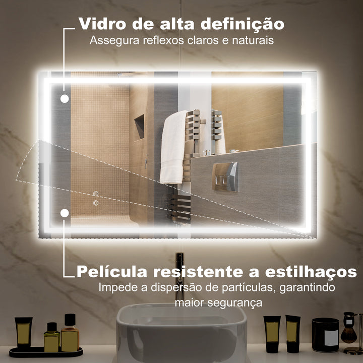 Espelho Casa de Banho com Luz LED 100x60 cm Espelho de Parede com Iluminação Anti-Embaciamento Brilho Ajustável Interruptor Tátil IP44 Montagem Horizontal ou Vertical