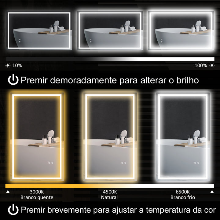 Espelho Casa de Banho com Luz LED 100x60 cm Espelho de Parede com Iluminação Anti-Embaciamento Brilho Ajustável Interruptor Tátil IP44 Montagem Horizontal ou Vertical