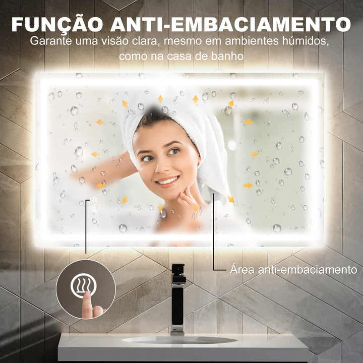 Espelho Casa de Banho com Luz LED 100x60 cm Espelho de Parede com Iluminação Anti-Embaciamento Brilho Ajustável Interruptor Tátil IP44 Montagem Horizontal ou Vertical