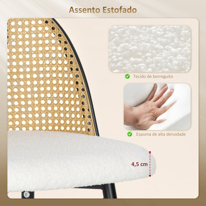 Conjunto de 2 Bancos de Bar Bancos Altos de Cozinha com Encosto de Vime Assento Estofado em Borrego Estrutura de Aço e Apoio para Pés 48x54x102 cm Creme