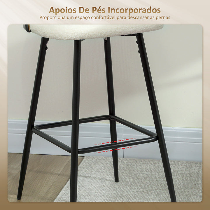Conjunto de 2 Bancos de Bar Bancos Altos de Cozinha com Encosto de Vime Assento Estofado em Borrego Estrutura de Aço e Apoio para Pés 48x54x102 cm Creme