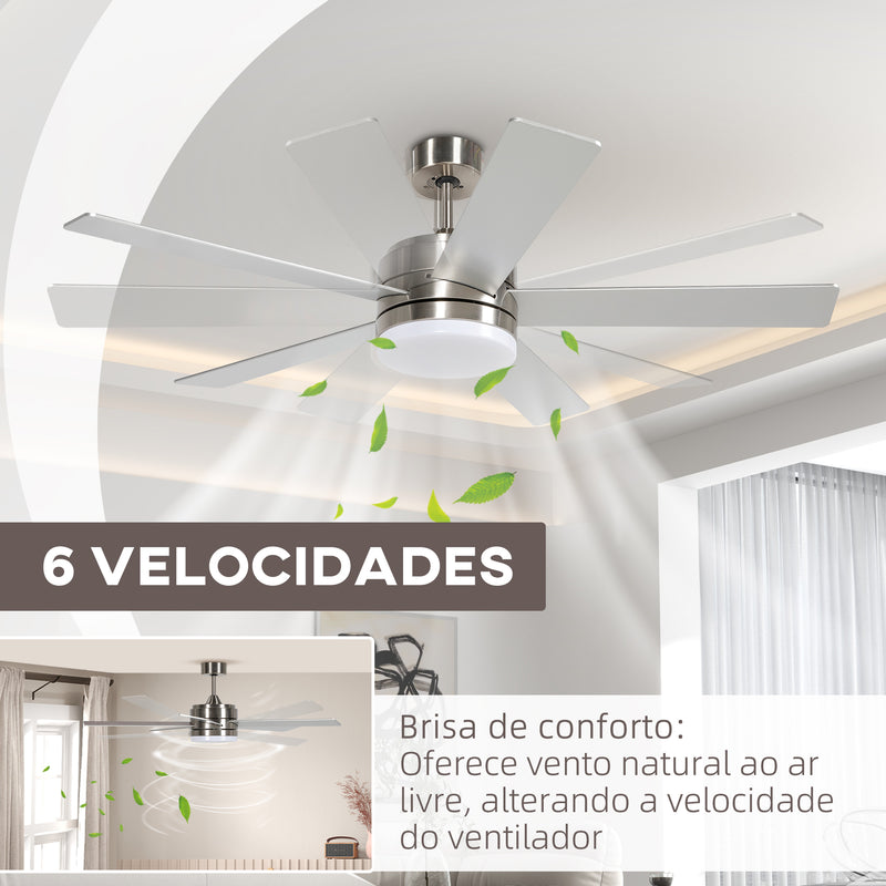 Ventoinha de Teto com Luz LED 46W Ventoinha de Teto Silencioso Ø132 cm com 5 Lâminas Reversíveis Controlo Remoto 6 Velocidades e Temporizador para Quarto Sala Natural