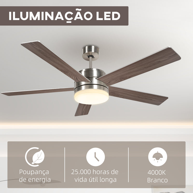 Ventoinha de Teto com Luz LED 46W Ventoinha de Teto Silencioso Ø132 cm com 5 Lâminas Reversíveis Controlo Remoto 6 Velocidades e Temporizador para Quarto Sala Natural