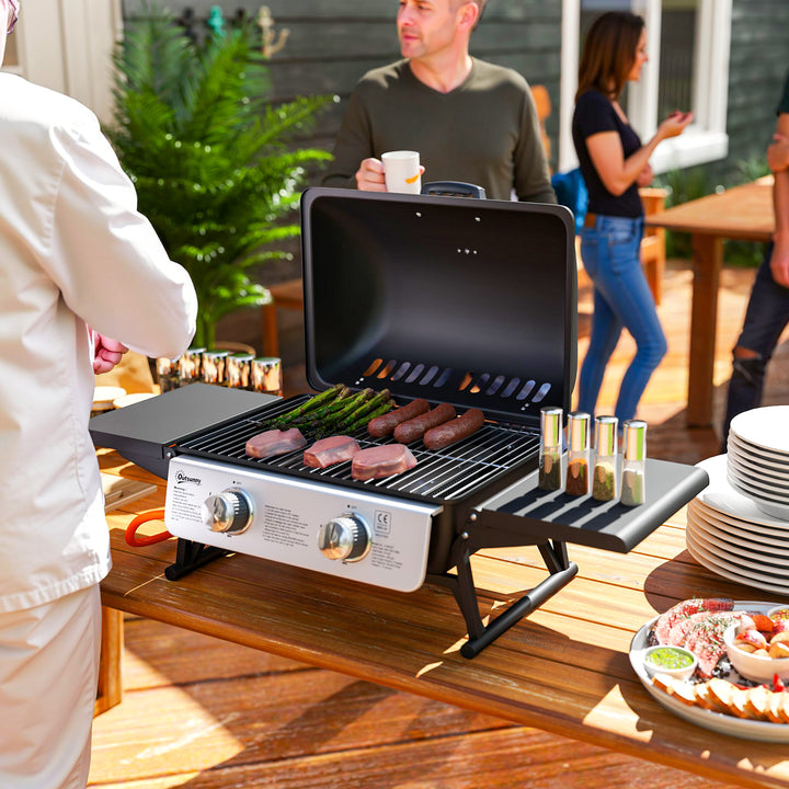 Barbecue a Gás com 2 Queimadores de Aço Inoxidável 3 KW Barbecue Portátil com Prateleiras Laterais Recolhíveis Bandeja Removível e Termómetro para Piqueniques Camping 101x48x41 cm Preto