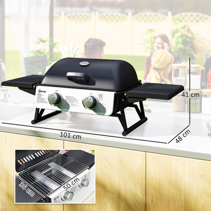 Barbecue a Gás com 2 Queimadores de Aço Inoxidável 3 KW Barbecue Portátil com Prateleiras Laterais Recolhíveis Bandeja Removível e Termómetro para Piqueniques Camping 101x48x41 cm Preto
