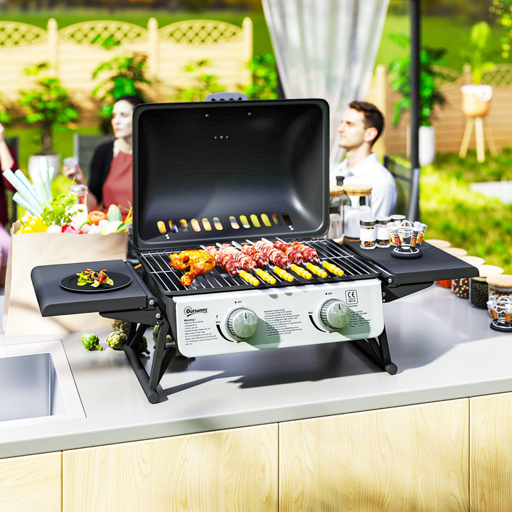 Barbecue a Gás com 2 Queimadores de Aço Inoxidável 3 KW Barbecue Portátil com Prateleiras Laterais Recolhíveis Bandeja Removível e Termómetro para Piqueniques Camping 101x48x41 cm Preto