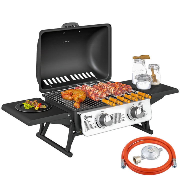 Barbecue a Gás com 2 Queimadores de Aço Inoxidável 3 KW Barbecue Portátil com Prateleiras Laterais Recolhíveis Bandeja Removível e Termómetro para Piqueniques Camping 101x48x41 cm Preto