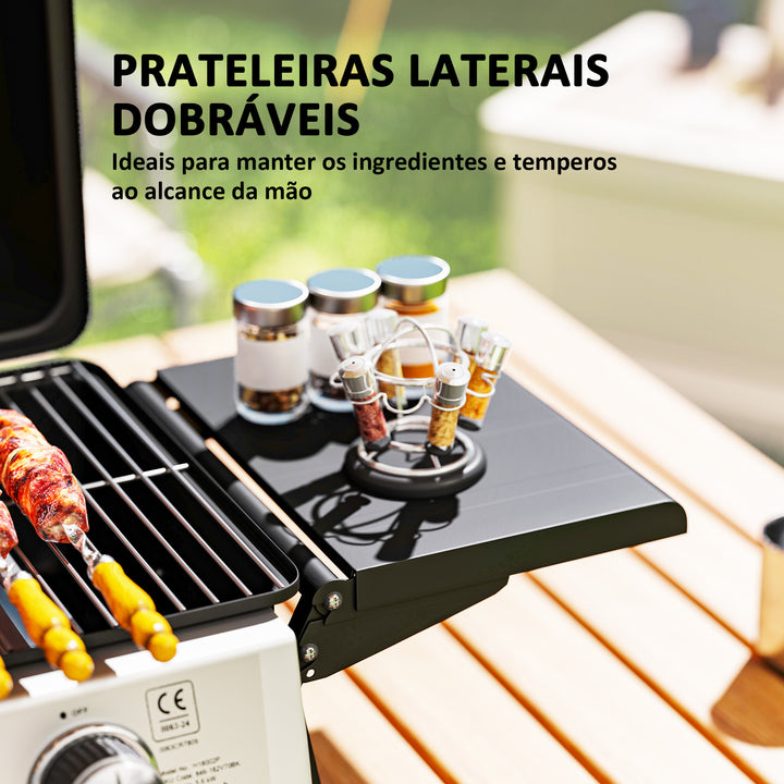 Barbecue a Gás com 2 Queimadores de Aço Inoxidável 3 KW Barbecue Portátil com Prateleiras Laterais Recolhíveis Bandeja Removível e Termómetro para Piqueniques Camping 101x48x41 cm Preto
