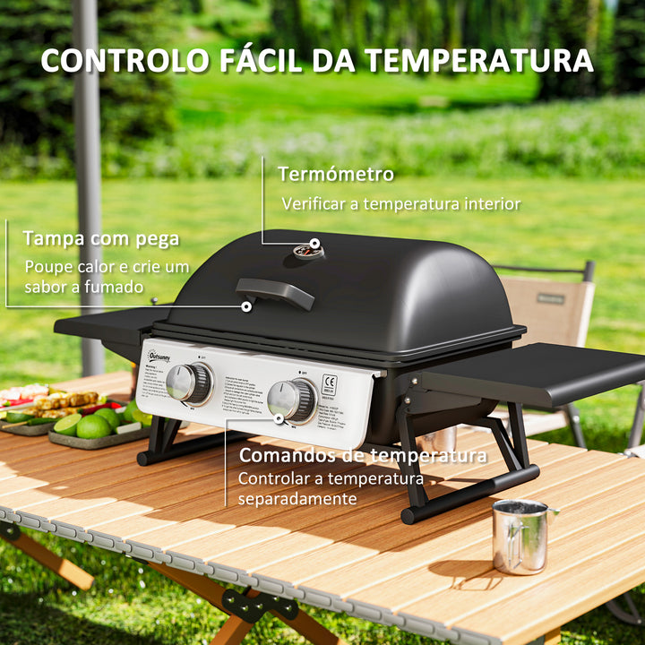 Barbecue a Gás com 2 Queimadores de Aço Inoxidável 3 KW Barbecue Portátil com Prateleiras Laterais Recolhíveis Bandeja Removível e Termómetro para Piqueniques Camping 101x48x41 cm Preto