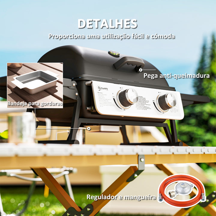 Barbecue a Gás com 2 Queimadores de Aço Inoxidável 3 KW Barbecue Portátil com Prateleiras Laterais Recolhíveis Bandeja Removível e Termómetro para Piqueniques Camping 101x48x41 cm Preto