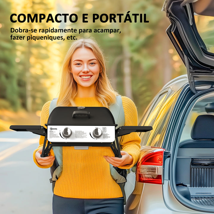 Barbecue a Gás com 2 Queimadores de Aço Inoxidável 3 KW Barbecue Portátil com Prateleiras Laterais Recolhíveis Bandeja Removível e Termómetro para Piqueniques Camping 101x48x41 cm Preto