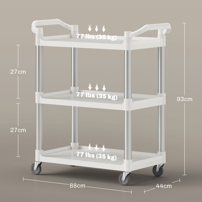 Carrinho Auxiliar com Rodas e Liga de Alumínio Carrinho de Cozinha com 3 Prateleiras Carrinho de Armazenamento Carga 105 kg para Sala de Jantar Casa de Banho 88x44x93 cm Branco