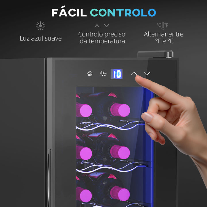 Cave de Vinhos 12 Garrafas Cave para Vinhos com Dupla Refrigeração Termoelétrica Temperatura Ajustável 8-18? Porta de Vidro Anti-UV Ecrã LED Luz Interior Preto