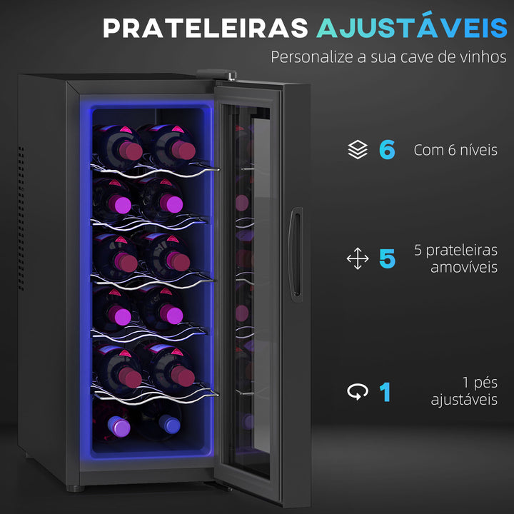 Cave de Vinhos 12 Garrafas Cave para Vinhos com Dupla Refrigeração Termoelétrica Temperatura Ajustável 8-18? Porta de Vidro Anti-UV Ecrã LED Luz Interior Preto