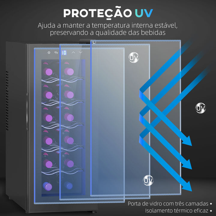 Cave de Vinhos 12 Garrafas Cave para Vinhos com Dupla Refrigeração Termoelétrica Temperatura Ajustável 8-18? Porta de Vidro Anti-UV Ecrã LED Luz Interior Preto