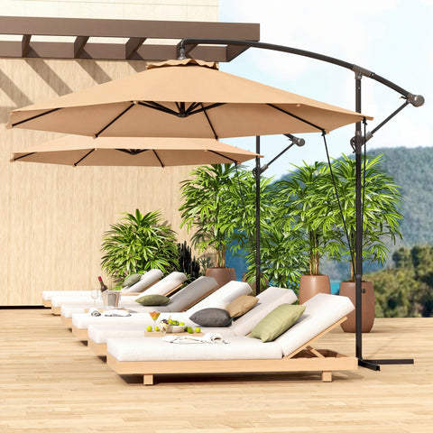Chapéu de Sol Excêntrico Ø 290 cm Chapéu de Sol de Jardim com Base Cruzada Manivela Capa de Proteção e Corda de Vento Anti UV 50+ Chapéu de Sol para Varanda Cáqui